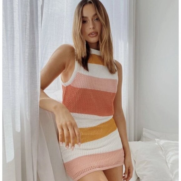 Sabo Skirt Sol Dress Crochet Stripe Mini Sleeveless Pink Orange Gold Medium - Picture 1 of 13
